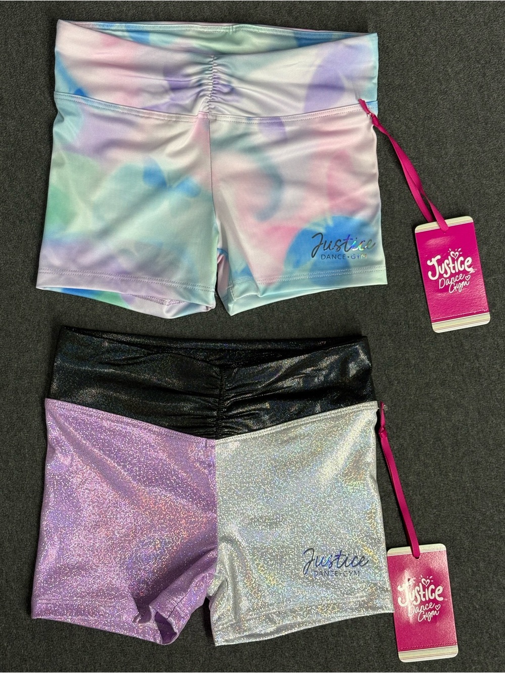 🆕Justice Girls Pastel Tie-Dye & Glitter Colorblock Dance Shorts Multi/Black S